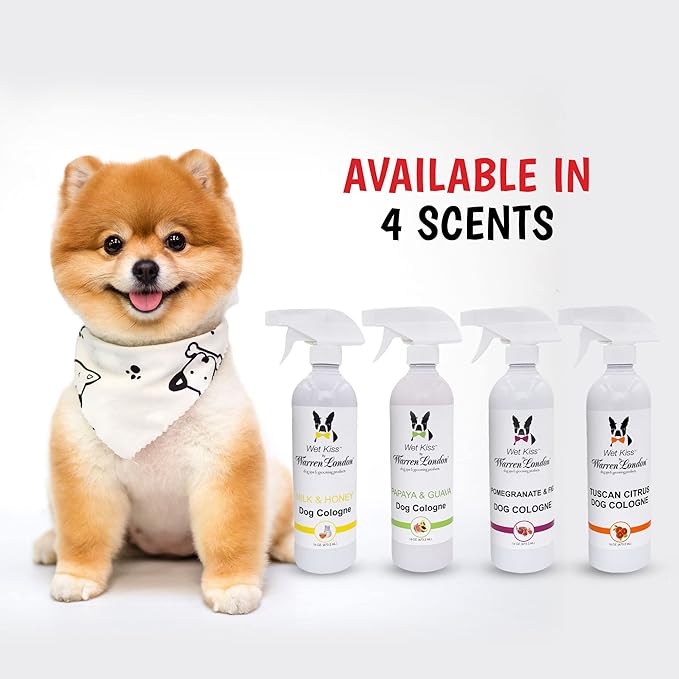Warren London Wet Kiss Dog Cologne Spray – Pomegranate & Fig | Long-Lasting Odor Eliminator & Coat Freshener for Dogs & Cats | 16 oz