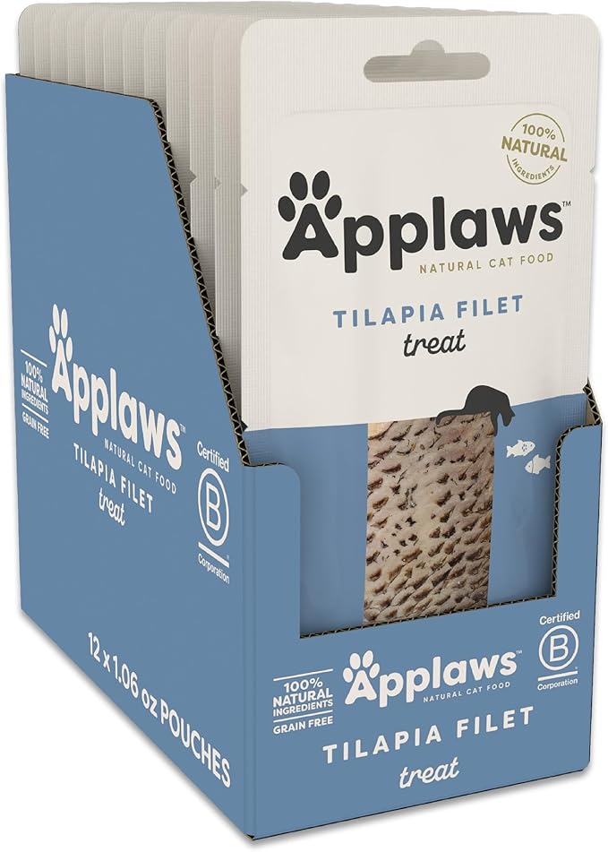 Applaws Natural Cat Treats, Grain-Free, Single Ingredient, Whole Protein Fillet, Healthy Snacks with No Artificial Additives (12 x 1.06oz Whole Tilapia Loin)