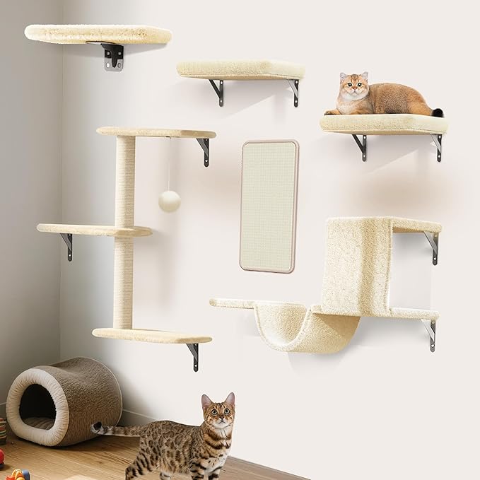 6-in-1 Wall Mounted Cat Climber Set for Heavy Cats,Wall Shelves,Stable & Safe Cat Furniture Set for Large Cats, Wooden Climbing Wall with Scratching Post (White)