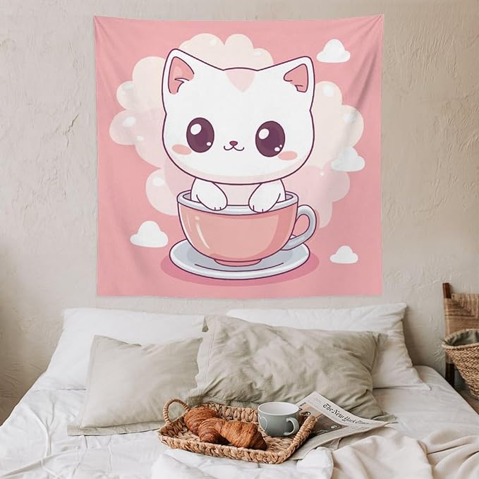 MaSiledy Tapestry Kawaii Cat Tapestries for Bedroom Pink Smile Kitten Cat Face Meow Wall Tapestries for Bedroom Colorful Wall Hanging Aesthetic Wall Art For Room Decor Landscape 60"x60"