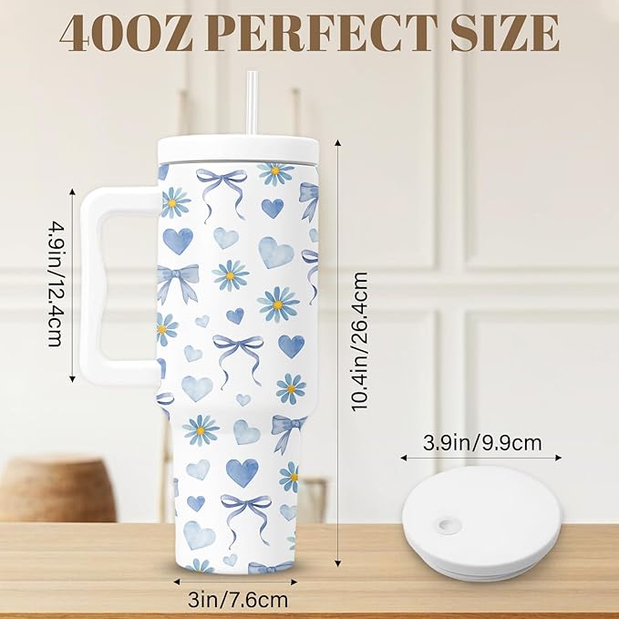 Bow Tumbler With Handle 40 Oz, Blue Bow Insulated Tumbler For Women, Christmas Gifts For Women Girls Mom Wife Friends, Blue And White Christmas Insulated Cup