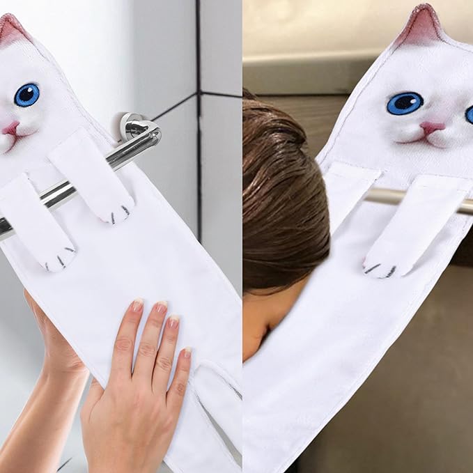 Funny Hand Towels for Bathroom Kitchen Decor - Cute Cat Hanging Hand Towel Kitchen Gadgets - Unique Housewarming Birthday Christmas Cat Lover Gift Ideas for Women Mom Lady Adults
