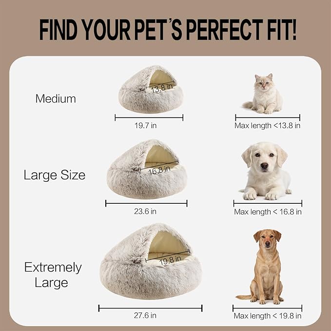 Hooded Dog Bed, Cat Cave Bed with Removable Hood, 2-in-1 Convertible Donut Cat Bed, All Season Fluffy Pet Bed for Cats Small Dogs (Cave Bed - Pink, Medium 19.7 Inches)