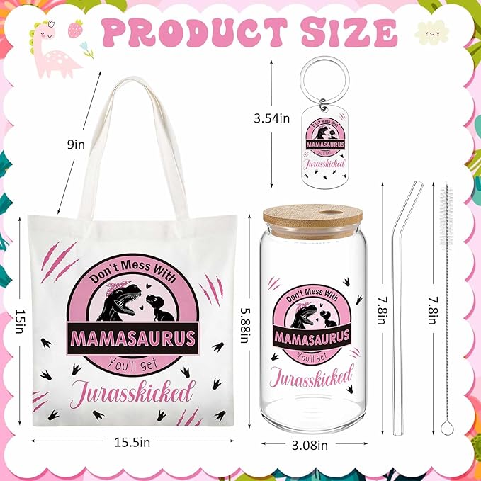 Paterr 4 Pcs Mom Gifts for Mother's Day Mamasaurus Gift for mother women Birthday Decorations，with Canvas Tote Bag 16oz Glass Coffee Cup with Straw Socks Cute Keychain