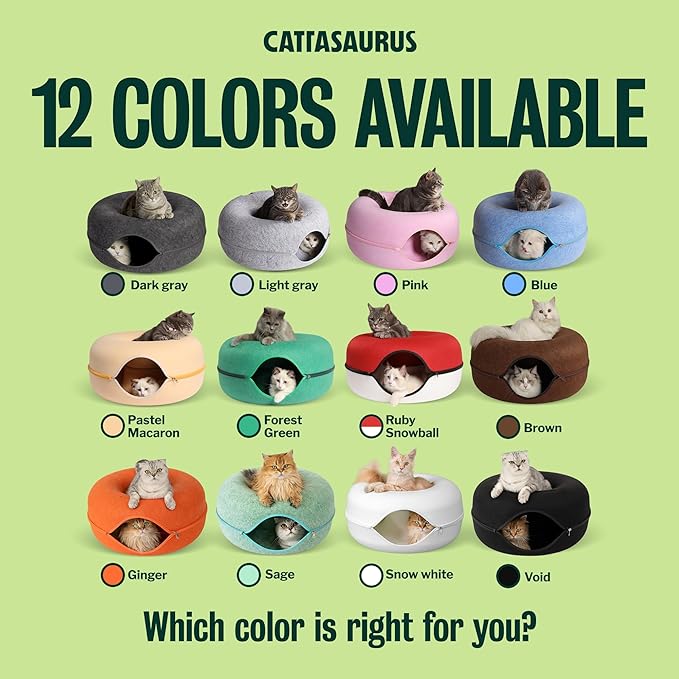 Cattasaurus Peekaboo Cat Cave Donut for Multiple & Large Cats up to 30-45 lbs, 3-in-1 Self Warming Cat Bed, Tunnel & Scratcher for Indoor Cats, Washable & Detachable Small Dog Bed (Blue, Large)
