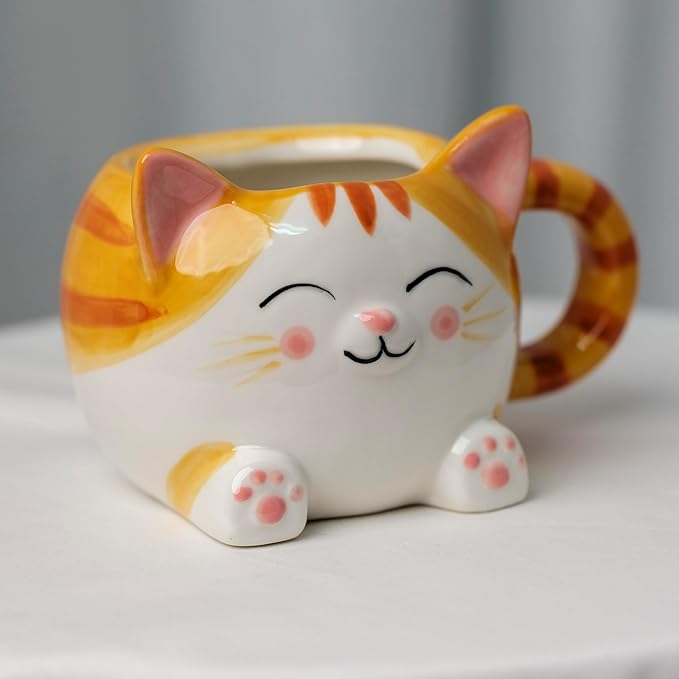 Cute Cat Coffee Mug – 16oz Ceramic Animal Mug, Handmade Gift for Cat Lovers, Cute Kawaii Coffee & Tea Cup – Orange Tabby