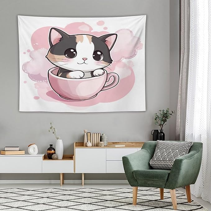 Tapestry's Wall Hanging Kawaii Cat Tapestry Pink Smile Kitten Cat Face Meow Bedroom Tapestries for Bedroom Aesthetic Home Decor 60"x80" Wall Hanging for Home Decor Bedroom Living Room Dorm Decor