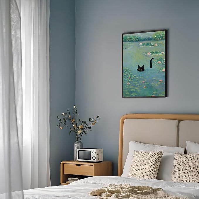 Funny Cat in Water Lilies Wall Art, Vintage Monet-Style Bathroom & Bedroom Decor, Ready to Hang Aesthetic Cat Gift for Dorm, Living Room, Black Frame Canvas Print(11’’x14’’)