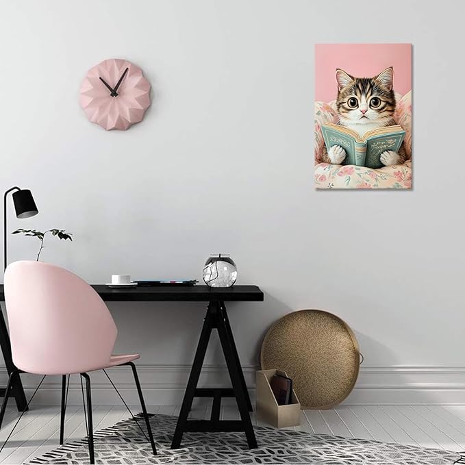 Funky Cute Cats Reading Books Canvas Wall Art Funny Pet Cat Animal Poster Trendy Pink Flower Wall Decor Cat Lovers Prints Painting For Home Bedroom Kids Room Dorm Wall Decor 8x12in Framed