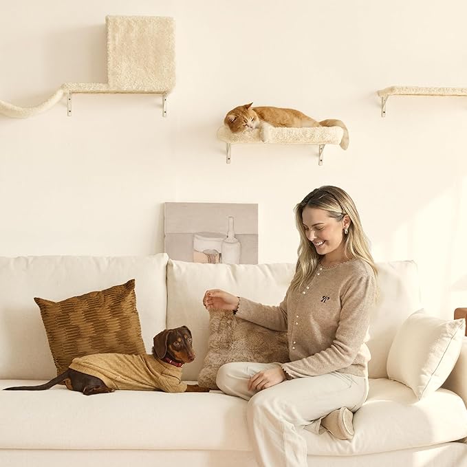 FUKUMARU Cat Wall Shelves, Stable & Safe 4 in 1 Cat Walls Furniture Set, Wooden Kitten Climbing Wall with Scratching Post for 16 Inch Drywall - Beige