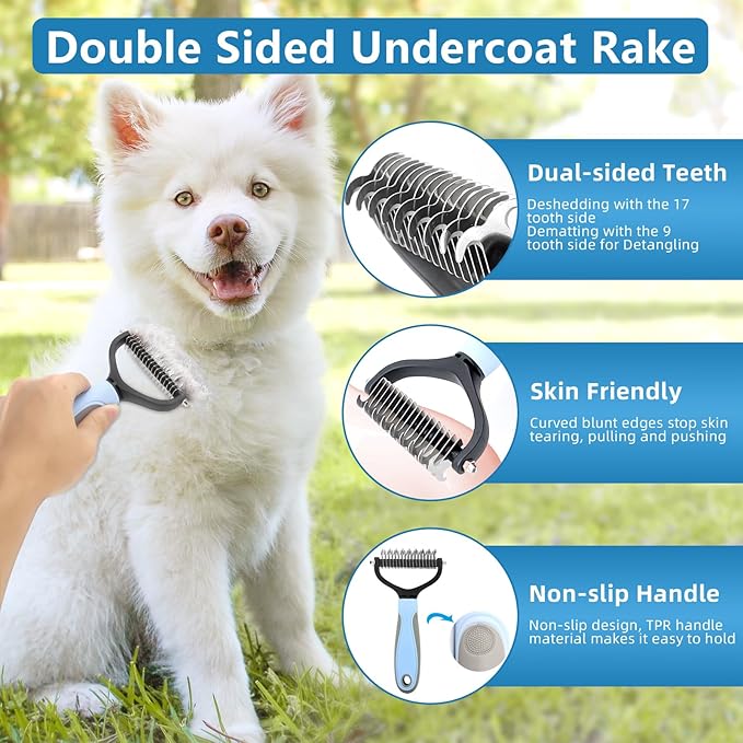 Dog Brush Dog Grooming Kit 6PCS Dog Brush for Shedding-Dog Brushes for Grooming, Dematting Comb for Dogs, Cat Nail Clipper with Nail File, Flea Comb, Bath Brush(Blue)