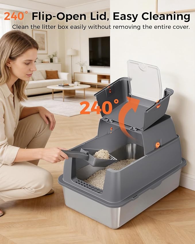 GTPLAYER XXL Stainless Steel Cat Litter Box with Lid, High Sided Enclosed Cat Litter Box, Activated Carbon Odor Control, Extra Large Metal Litter Box, Anti-Leak, with Mat & Scoop, Cheeky Kitty