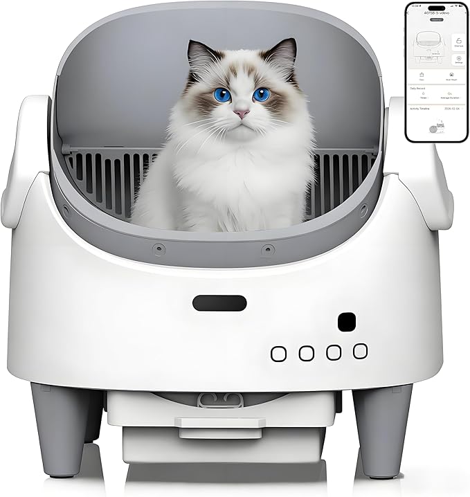 Self Cleaning Litter Box, Open Top Automatic Cat Litter Box with App Control for Multiple Cats, Electric Cat Litters Box Adjustable Entrance Height, Multi-Sensor Safety Protection, 1 Roll Garbage Bags