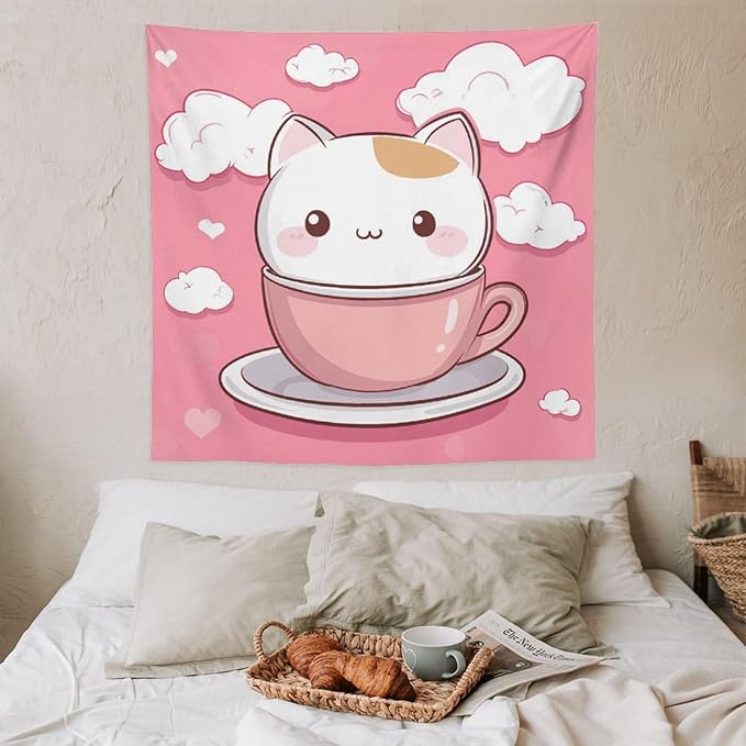 Tapestry Kawaii Cat Wall Art Tapestry for Bedroom Aesthetic Cute Cat Kitten Wall Tapestries Wall Hanging for Bedroom Landscape 60"x60" Wall Hanging for Home Decor Bedroom Living Room Dorm Decor