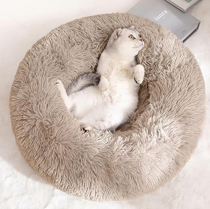 Cat Beds for Indoor Cats - Cat Bed Washable 20 inches, Dog Beds for Small Medium Dogs, Anti Anxiety Round Fluffy Plush Faux Fur Pet Bed, Thick Bottom (Light Brown, Medium)