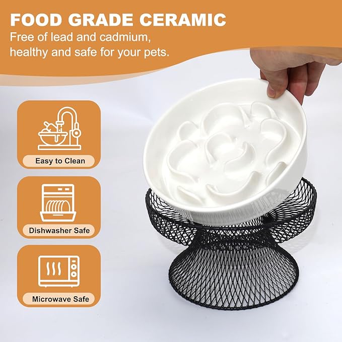 Raised Ceramic Cat Slow Feeder Bowl, Elevated Cat Plate with Stand, Slow Bowl for Wet and Dry Food, Whisker Friendly Pet Feeder for Kitten and Small Dog Perfect for Pet Gift