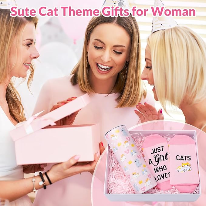 Funnymoom 2 Pack Cute Cat Gifts Set Skinny Tumbler 20 oz Travel Coffee Mug Novelty Cute Animals Socks, Christmas Birthday Party Gifts for Cat Themed