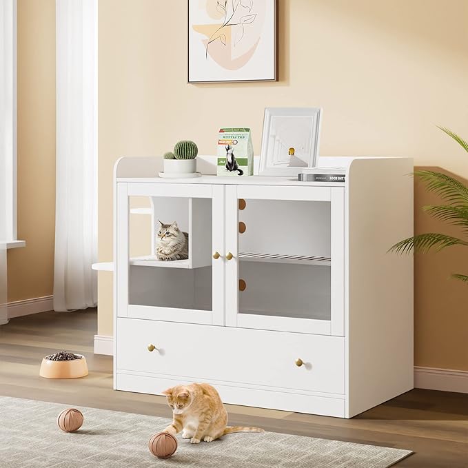 Extra Large Cat Litter Box Enclosure Furniture Hidden, Cat Condo Cabinet Pet House with Stairs for 2, Nightstand Side Table with a Drawer for Living Room, White