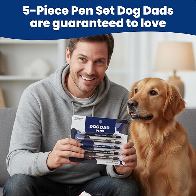 rubyloo Funny Dog Dad Gift Pen Set – 5 Black Ink Ballpoint Pens with Stylus Tip & Quality Metal Barrel with Doggy-Themed Quotes – Cool Dog Dad Gift for Men for Birthday, Father’s Day, Vet Tech
