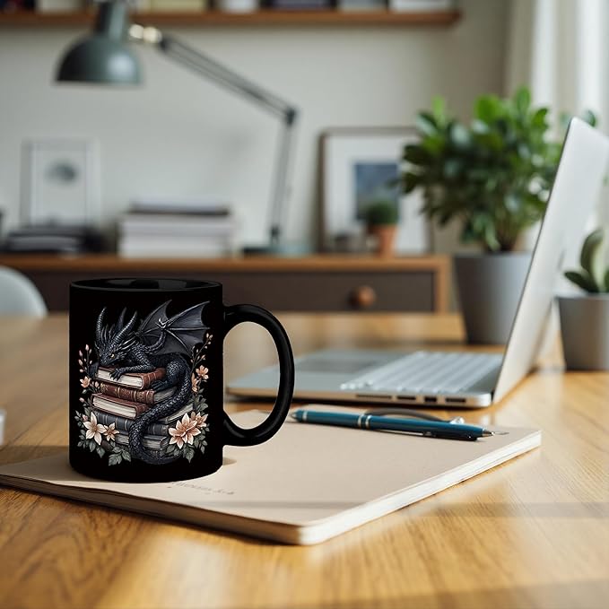 Black Book Lover Mug 11 oz, Book Lover Gifts for Women, Bookish Reader Bookworm Gifts Coffee Cups Ceramic, Black Floral Dragon Ceramic Mug for Coffee Tea Hot Cocoa Home Office Work