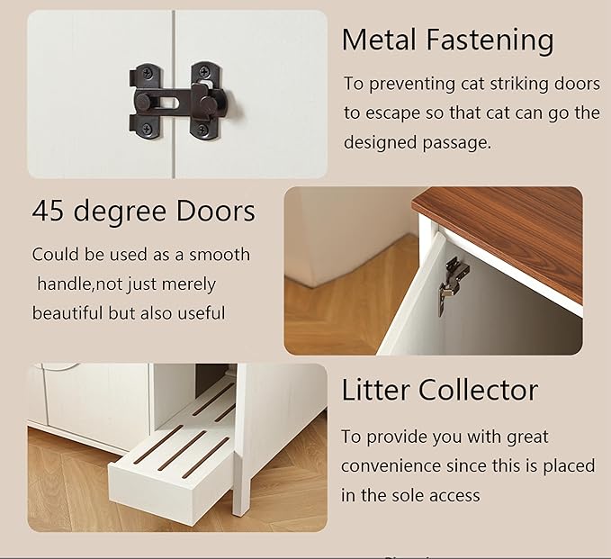 Cat-Faced Doors Litter Enclosure,Automatic Litter Box Enclosure for Cat Robot 3/4,Outlet for Litter Box Cabinet,Litter Collector,Dog-Proof Shelf for Cat Washroom Cabinet,Antique White