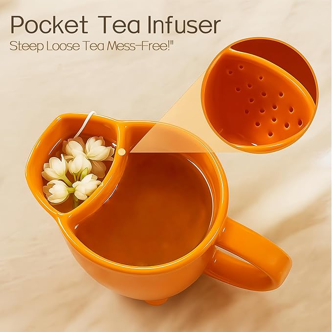 Yuwu 17oz Fox Mug with Built-in Tea Bag Holder and Spoon-Cute Glossy Ceramic Animal Tea Cup for Kids, Women, Girls-Gift for Autumn, Birthday, Christmas (orange)