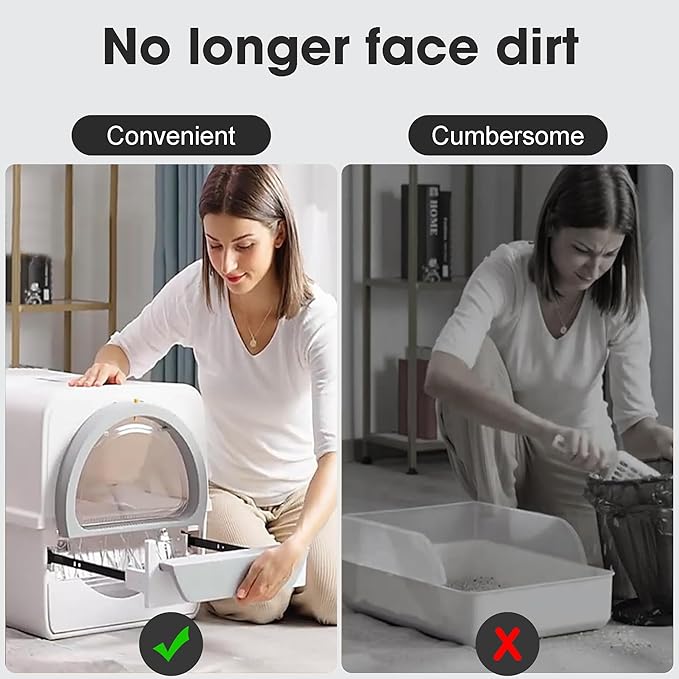 Self Cleaning Cat Litter Box Odor Control, Pull and Scoop Litter Box with Enclosed Lid, Covered Non-Electric Semi-Automatic Self Cleaning Litter Boxes for Large Cats, White& Gray