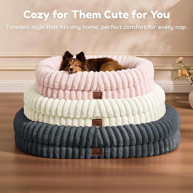 ChiXnuggle Dog Bed Medium Sized Dog - Luxury Striped Faux Fur Waterproof Pet Couch with Removable Washable Cover, Orthopedic Pet Bed with Bolster Sides for Sleeping, Pink