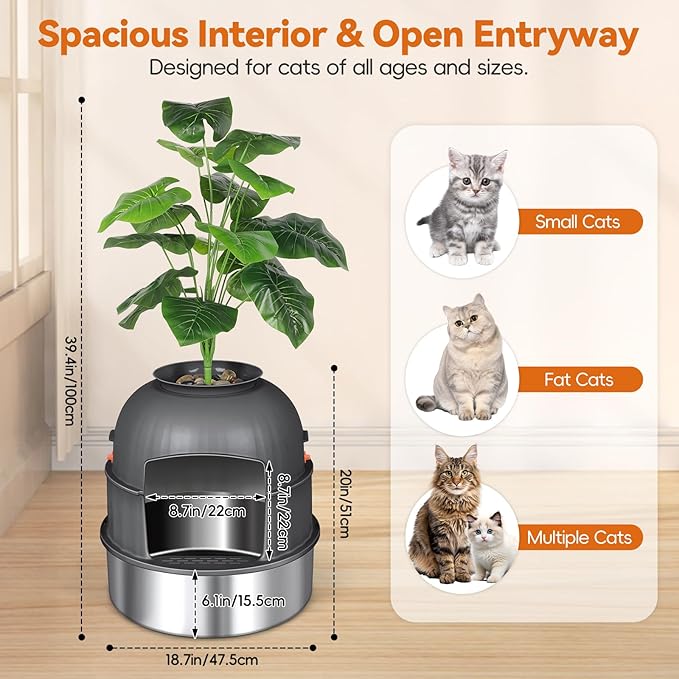 Three-Section Hidden Cat Litter Box, Stainless Steel Litter Box, Cat Litter Box Hidden with Faux Plant & Scoop, Vented Filter for Odor Control, Hidden Litter Box Furniture, Home Decor