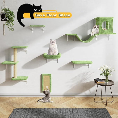 6-in-1 Cat Wall Shelves, Wall Mounted Cat Climber with Condo House, Scratching Post, Bridge Ladder, Space-Saving Indoor Play Furniture for Kittens, Green