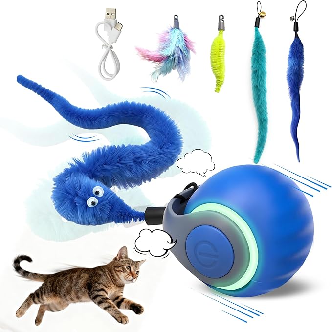1PCS Interactive Cat Toys Ball,Newly Upgraded Speedy Tail Cat Toy with USB Charging,Automatic Smart Interactive Cat Toys for Indoor Cats with 4 Tails-Blue