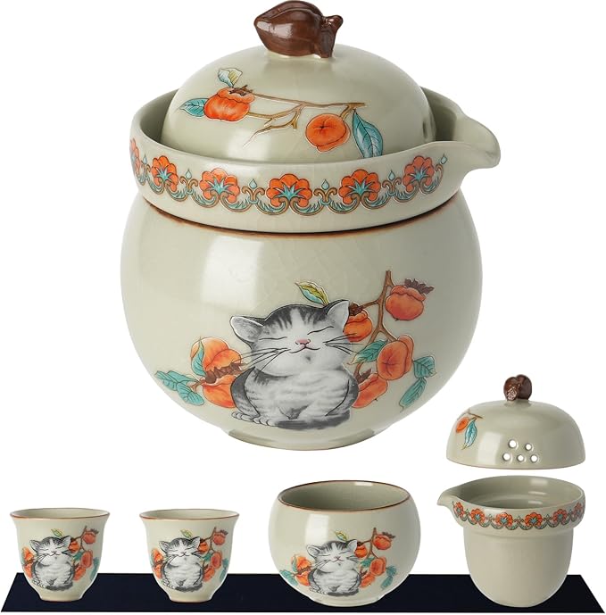 Mini Tea Cups,Cute Lucky Cat Cups,Small Tea Mugs,Porcelain Gongfu Tea set with 3 in 1,Tea Sets for Adults,Ceramic Tea Infuser Cup for Loose Leaf for Women/Tea Lovers/Birthday/Mother's Day (Green)