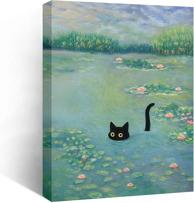 Funny Cat in Water Lilies Wall Art, Vintage Monet-Style Bathroom & Bedroom Decor, Ready to Hang Aesthetic Cat Gift for Dorm, Living Room, Wrapped Framed Canvas Print(11’’x14’’)