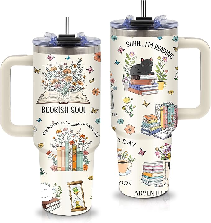 Book Lovers Gifts - Bookish Reading Book Tumbler 40oz with Handle and Straws, Leak-proof, Stainless Steel Insulated Travel Coffee Mugs for Books Lovers Cup, Gifts for Librarian Readers Birthday
