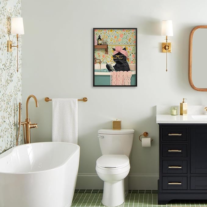 Funny Black Cat Bathroom Wall Art Cute Animal Reading Poster Trendy Preppy Aesthetic Canvas Prints 16x24 inch Black Framed for Living Room Bedroom Toilet Kids Room Wall Decor