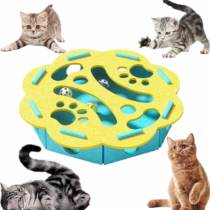 Cat Scratch Pad Toy with Ball Felt Cat for Indoor Cats (Yellow Blue No.2)