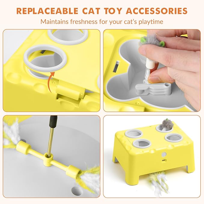Interactive Cat Toys for Indoor Cats, 2-in-1 Cat Toys Interactive for Bored Indoor Adult Cats, Automatic Electronic Feather Cat Toy, 4 Holes Mole, Rotating Feather, USB Rechargeable