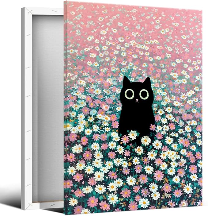 Black Cat Canvas Wall Art, Cute Cat In Daisies Meadow Poster, Adorable Animal Picture, Pink White Flowers Print Painting for Bedroom, Nursery Wall Decor Pet Lover Gift 16x20in Wrapped Canvas