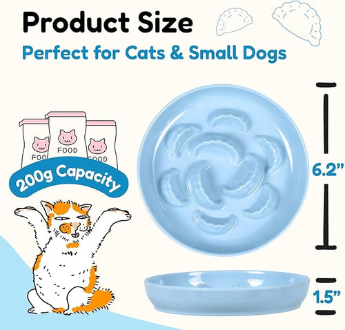 2 Pcs Cat Slow Feeder Bowl Set - Unbreakable Melamine Puzzle cat Bowl for Slow Eating - Cat Dish for Wet & Dry Food- Whisker Friendly & Dishwasher Safe & Non Slip Design - 6.3 x 6.3 '' (Blue+White)