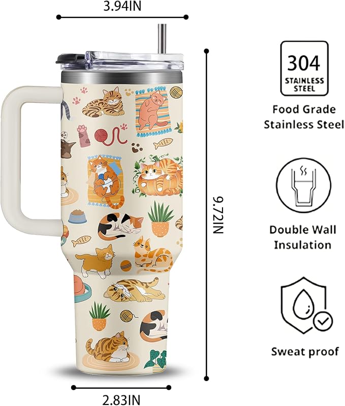 Orange Cat Tumbler 40oz with Handle - Funny Cat Lady Gifts for Women, Insulated Travel Coffee Mug, Cute Kitty Cup for Cats Lovers Mom, Christmas Birthday Present