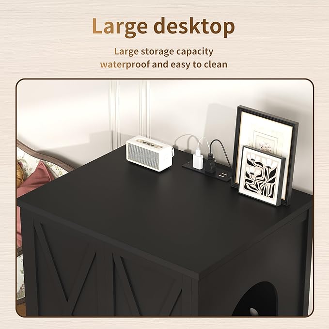 Hey-brother Enclosure for Self Cleaning Cat Litter Box, Large Hidden Litter Box Furniture with Charging Station, Suitable for Automatic Cats Litter Boxes and Robot, Vintage, Black JCLB004BK
