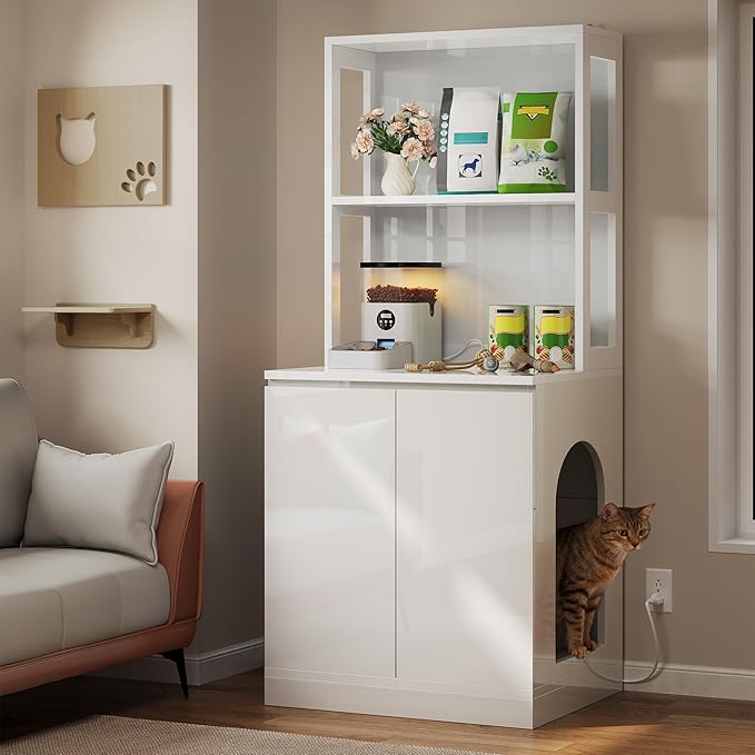 DWVO Large Hidden Litter Box Furniture with Shelves & Charging Station, High-Gloss Modern Cat Litters Box Enclosure for Self-Cleaning Litter Boxes, Wooden Secret Cat Cabinet, White