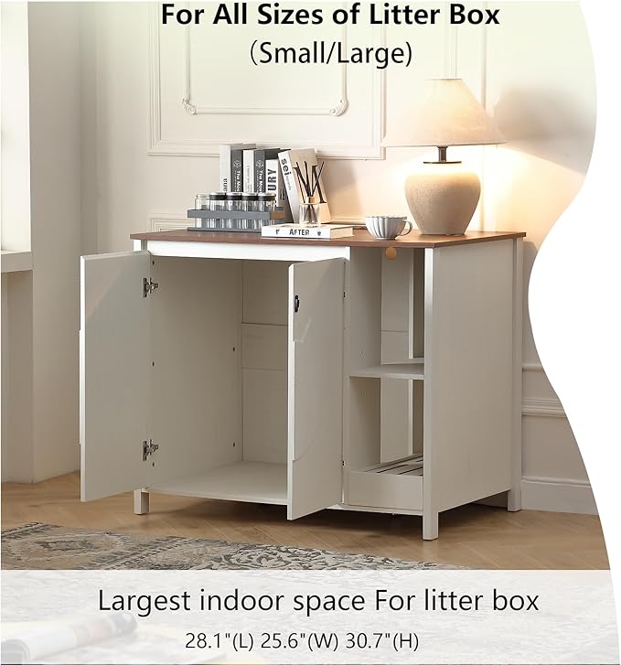 Cat-Faced Doors Litter Enclosure,Automatic Litter Box Enclosure for Cat Robot 3/4,Outlet for Litter Box Cabinet,Litter Collector,Dog-Proof Shelf for Cat Washroom Cabinet,Antique White