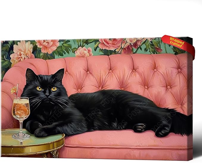 Black Cat With Martini Wrapped Framed Print Poster Pet Art Bar Cart Decor Cat Lover Gift Wall Art Room Decor Aesthetics Ready To Hang 12X18 inch