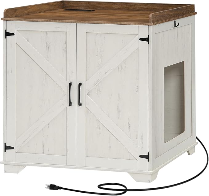 HOOBRO Automatic Litter Box Furniture for Large Capacity, Large Robotic Litter Box Cabinet with Charging Station and Hooks, Cat Litter Box Enclosure with Storage Top, White and Walnut WH89UMW01N2