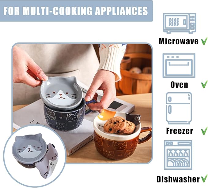 Cute Ceramic Cat Mug with Lid Anime Cat Coaster 10 oz Kawaii Coffee Mugs for Desk Lovers Gift, Blue