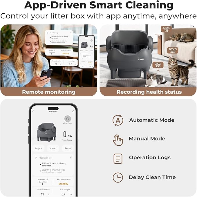 Automatic Self Cleaning Cat Litter Box: Scoop Free Litter Box with APP Control, Large Capacity for Multiple Cats, Odor Control, Ultra Quiet, Smart Safety Sensors