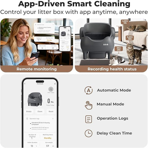 Automatic Self Cleaning Cat Litter Box: Scoop Free Litter Box with APP Control, Large Capacity for Multiple Cats, Odor Control, Ultra Quiet, Smart Safety Sensors