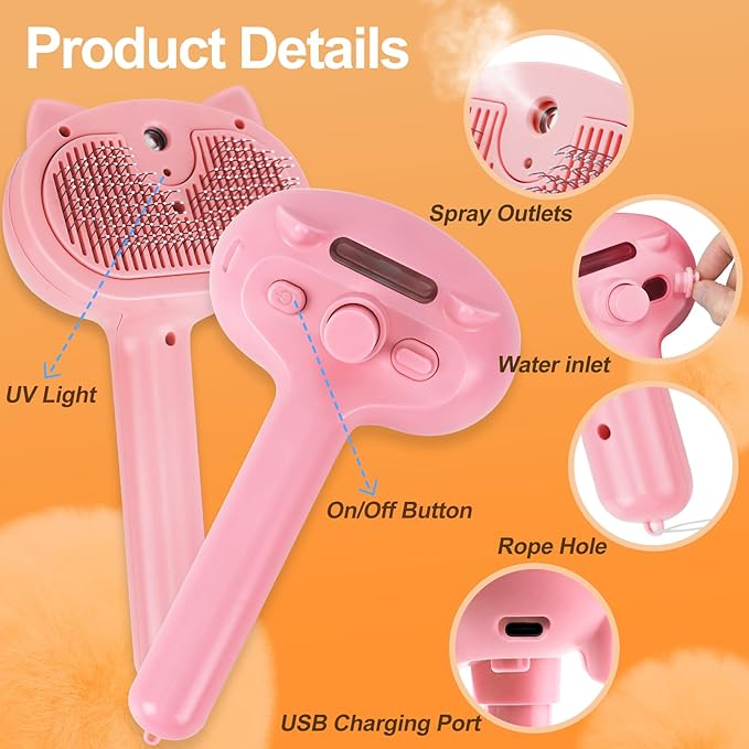 Pet Steam Brush for Dogs, 4 in 1 Cat Steam Brush for Long Short Haired, Self Cleaning Brush for Shedding, Metal Pet Misting Hair Comb with Handle for Grooming Kitten Dog(Pink)