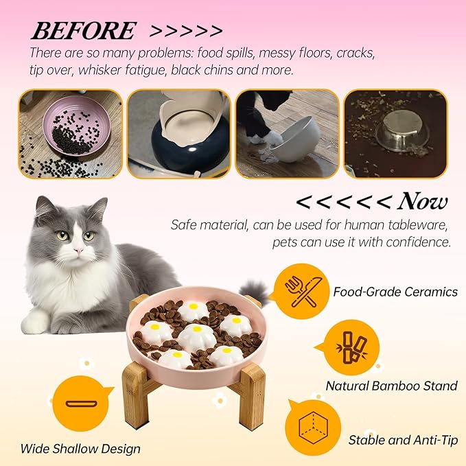 Elevated Slow Feeder Cat Bowl - Maze Puzzle Cat Food Dish with Bamboo Stand, Anti-Slip - Raised Base for Comfortable Eating - 6 OZ - White Flowers